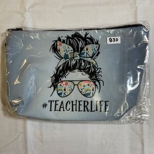 The Pouch Cosmetic Bag Women Small Blue NEW #TeacherLife Messy Bun Graphic